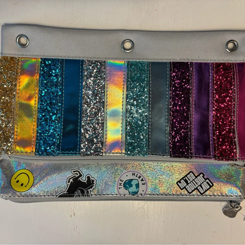 Justice Colorful Glitter Pencil Case 2 zip pouches. Back to School! 🍎 NWT